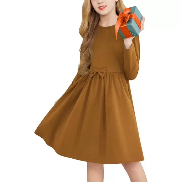 Arshiner Girls Long Sleeve Dress A line Twirly Skater Casual Bow Tie Dress