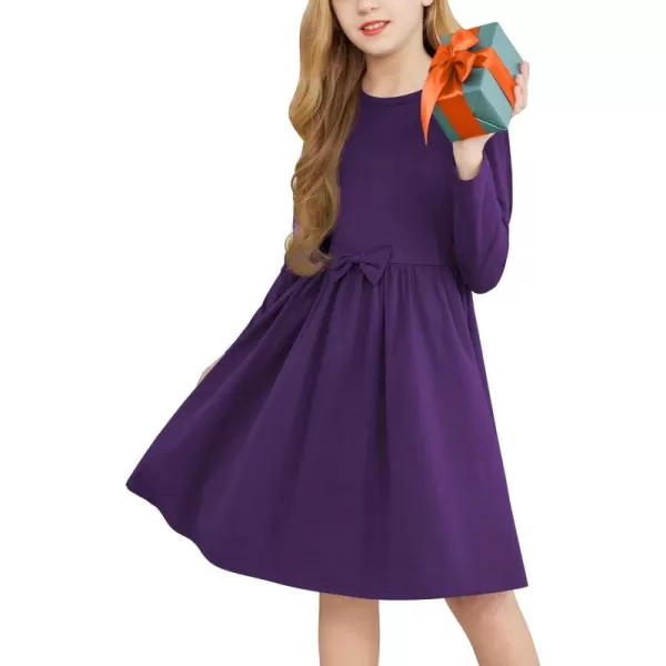 Arshiner Girls Long Sleeve Dress A line Twirly Skater Casual Bow Tie Dress
