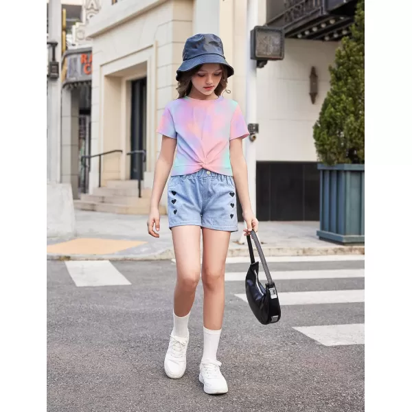 Arshiner Girls Casual Tie Dye Short-Sleeve T-Shirt Cute Print Summer Blouse for Girls Twist Front Tunic Tee Tops
