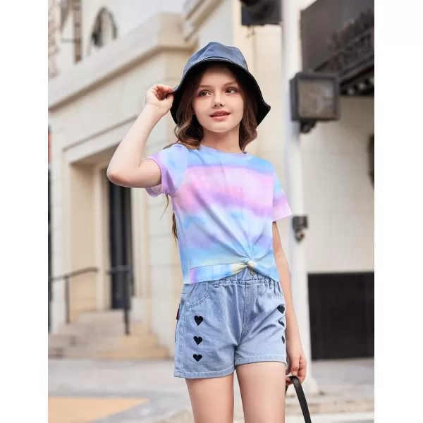 Arshiner Girls Casual Tie Dye Short-Sleeve T-Shirt Cute Print Summer Blouse for Girls Twist Front Tunic Tee Tops