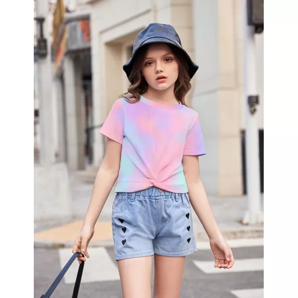 Arshiner Girls Casual Tie Dye Short-Sleeve T-Shirt Cute Print Summer Blouse for Girls Twist Front Tunic Tee Tops