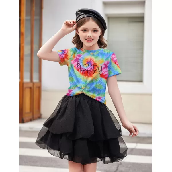 Arshiner Girls Casual Tie Dye Short-Sleeve T-Shirt Cute Print Summer Blouse for Girls Twist Front Tunic Tee Tops