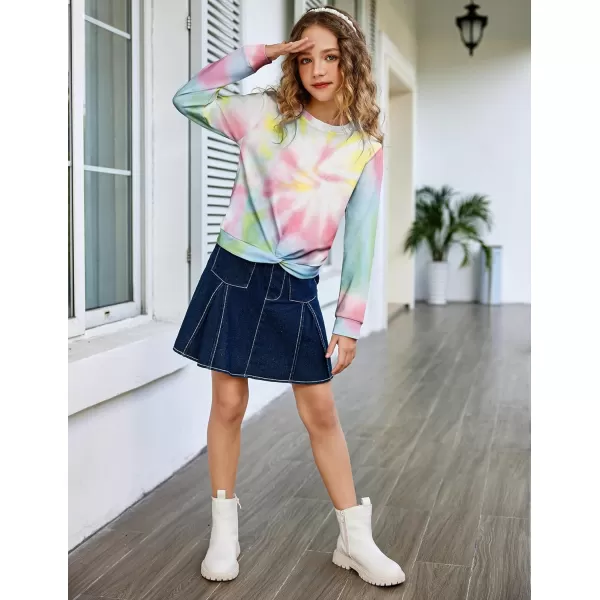 Arshiner Girls Casual Twist Front Lightweight Sweatshirt Tie Dye Printed Long Sleeve Crop Tops Pullover