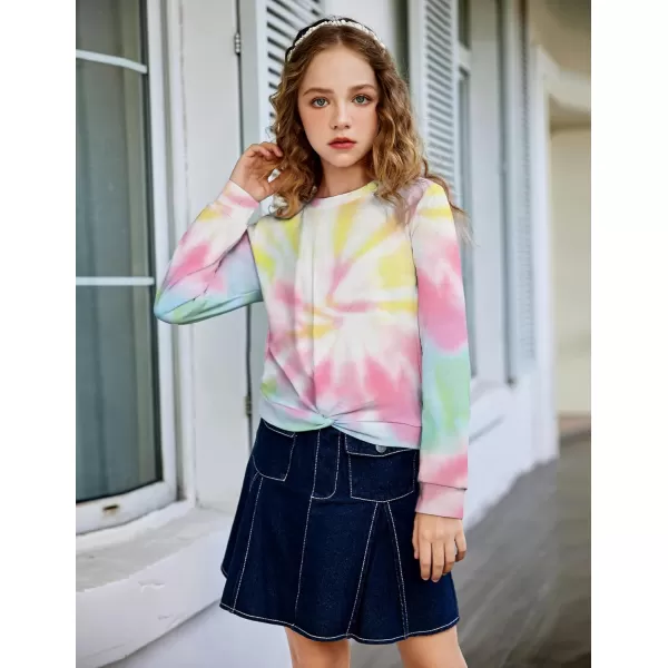 Arshiner Girls Casual Twist Front Lightweight Sweatshirt Tie Dye Printed Long Sleeve Crop Tops Pullover