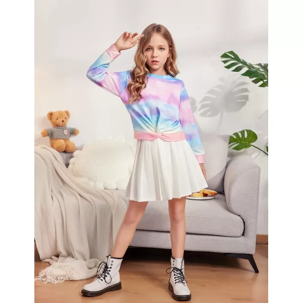 Arshiner Girls Casual Twist Front Lightweight Sweatshirt Tie Dye Printed Long Sleeve Crop Tops Pullover