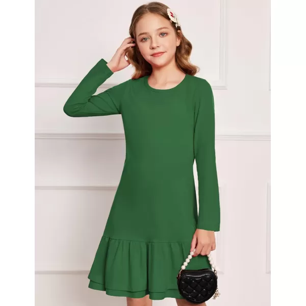 Arshiner Girls Cotton Long Sleeve A-Line Ruffle Hem Dress for School