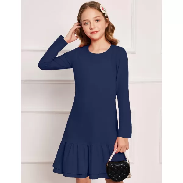 Arshiner Girls Cotton Long Sleeve A-Line Ruffle Hem Dress for School
