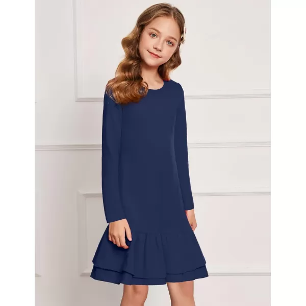 Arshiner Girls Cotton Long Sleeve A-Line Ruffle Hem Dress for School