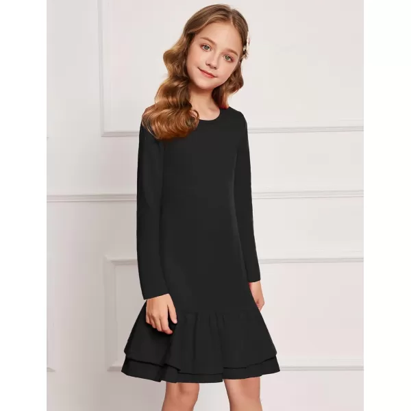 Arshiner Girls Cotton Long Sleeve A-Line Ruffle Hem Dress for School