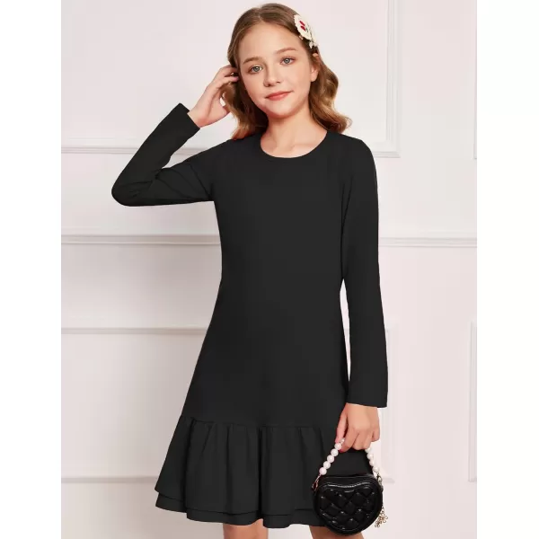 Arshiner Girls Cotton Long Sleeve A-Line Ruffle Hem Dress for School
