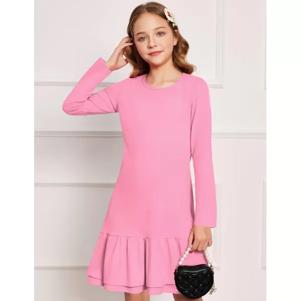 Arshiner Girls Cotton Long Sleeve A-Line Ruffle Hem Dress for School