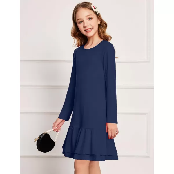 Arshiner Girls Cotton Long Sleeve A-Line Ruffle Hem Dress for School