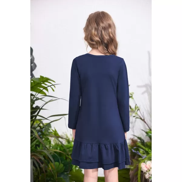 Arshiner Girls Cotton Long Sleeve A-Line Ruffle Hem Dress for School