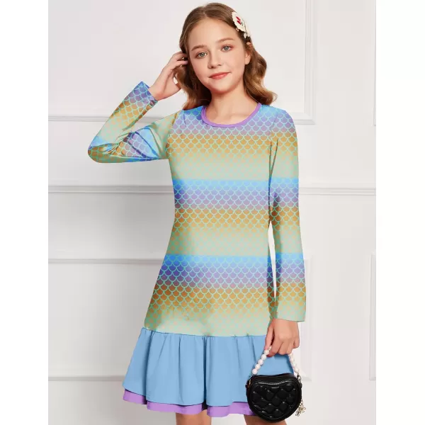 Arshiner Girls Cotton Long Sleeve A-Line Ruffle Hem Dress for School