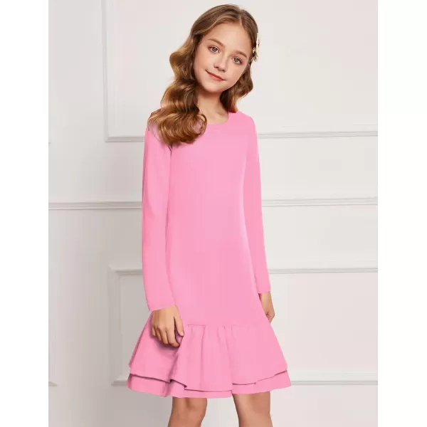 Arshiner Girls Cotton Long Sleeve A-Line Ruffle Hem Dress for School