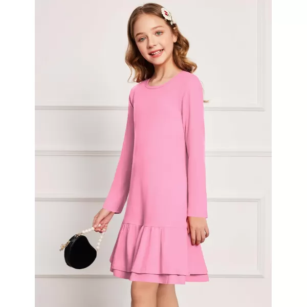 Arshiner Girls Cotton Long Sleeve A-Line Ruffle Hem Dress for School