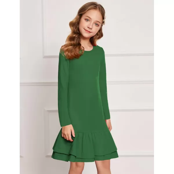 Arshiner Girls Cotton Long Sleeve A-Line Ruffle Hem Dress for School