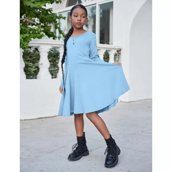 Arshiner Girls Long Sleeve Stretchy Dress A line Twirly Skater School Party Dress