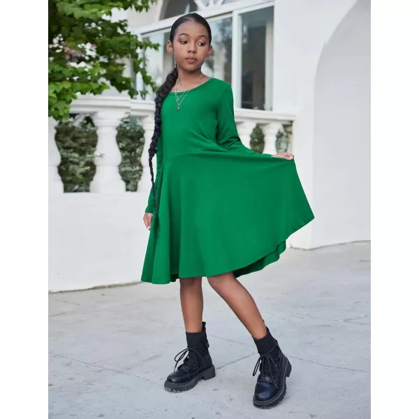 Arshiner Girls Long Sleeve Stretchy Dress A line Twirly Skater School Party Dress