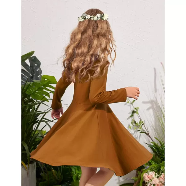 Arshiner Girls Long Sleeve Stretchy Dress A line Twirly Skater School Party Dress