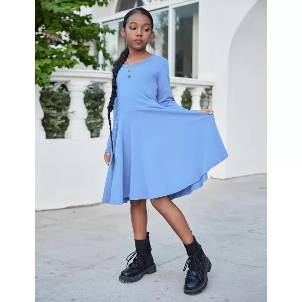 Arshiner Girls Long Sleeve Stretchy Dress A line Twirly Skater School Party Dress