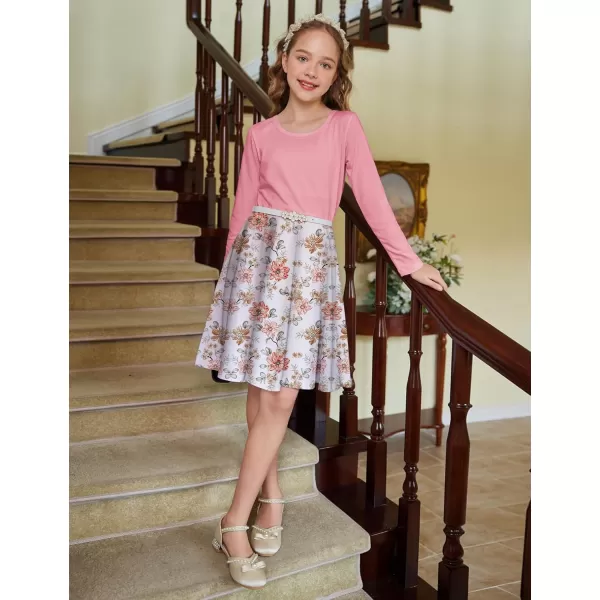 Arshiner Girls Long Sleeve Stretchy Dress A line Twirly Skater School Party Dress