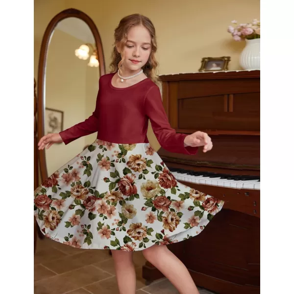 Arshiner Girls Long Sleeve Stretchy Dress A line Twirly Skater School Party Dress
