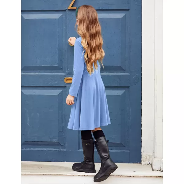 Arshiner Girls Long Sleeve Stretchy Dress A line Twirly Skater School Party Dress