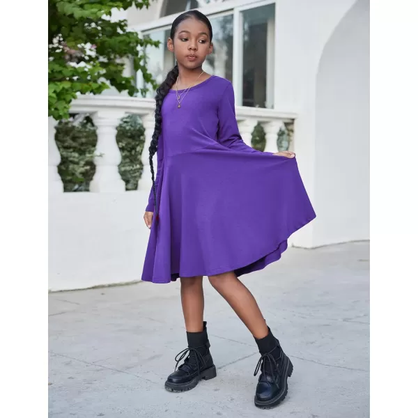 Arshiner Girls Long Sleeve Stretchy Dress A line Twirly Skater School Party Dress
