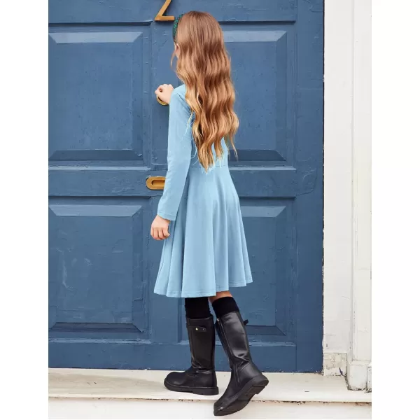 Arshiner Girls Long Sleeve Stretchy Dress A line Twirly Skater School Party Dress