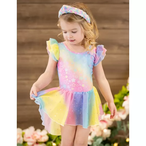 Arshiner Girls Shiny Ruffle Sleeve Ballet Leotard with Skirt Criss-Cross Back Dance Dresses