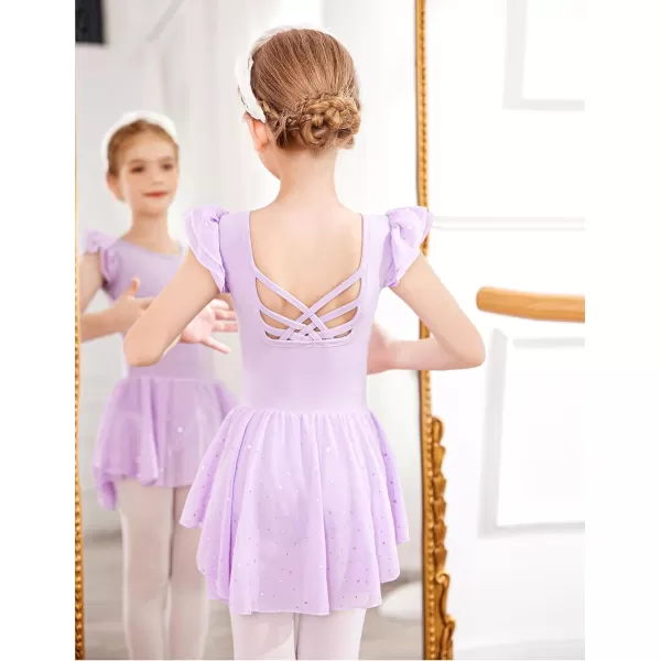 Arshiner Girls Shiny Ruffle Sleeve Ballet Leotard with Skirt Criss-Cross Back Dance Dresses