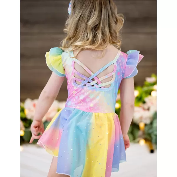 Arshiner Girls Shiny Ruffle Sleeve Ballet Leotard with Skirt Criss-Cross Back Dance Dresses
