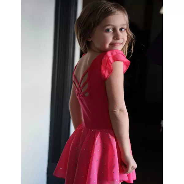 Arshiner Girls Shiny Ruffle Sleeve Ballet Leotard with Skirt Criss-Cross Back Dance Dresses