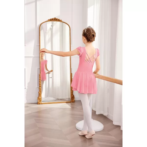 Arshiner Girls Shiny Ruffle Sleeve Ballet Leotard with Skirt Criss-Cross Back Dance Dresses