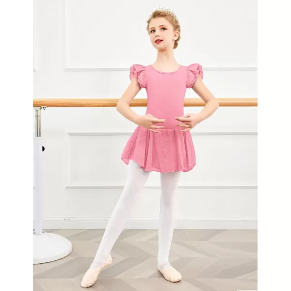 Arshiner Girls Shiny Ruffle Sleeve Ballet Leotard with Skirt Criss-Cross Back Dance Dresses