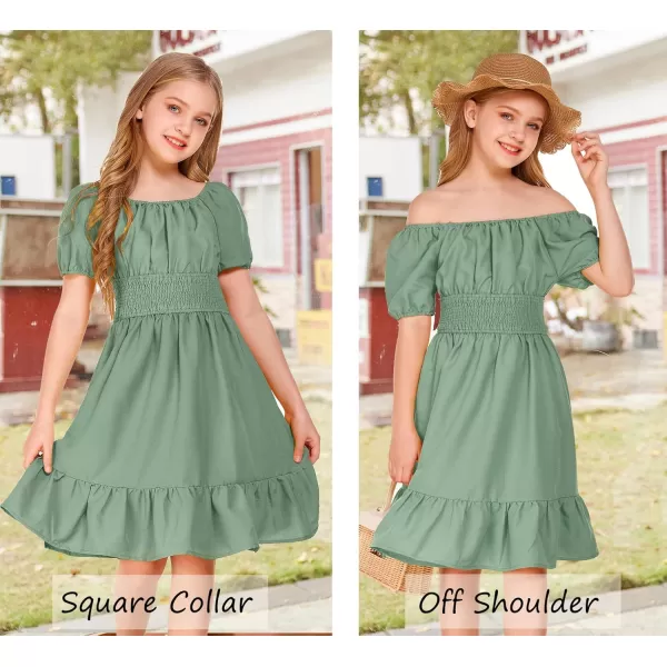 Arshiner Girls Tie Back Short Sleeve Ruffle Hem Off Shoulder Casual Elegant Dresses 4-12 Years