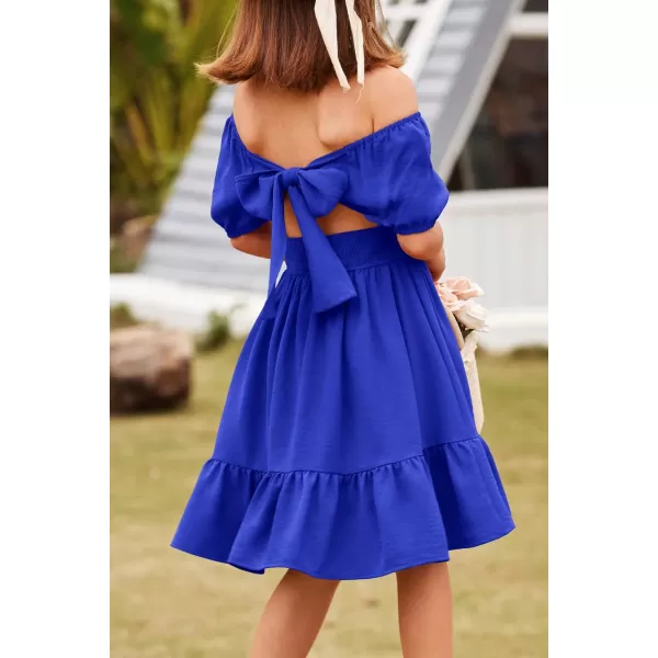 Arshiner Girls Tie Back Short Sleeve Ruffle Hem Off Shoulder Casual Elegant Dresses 4-12 Years