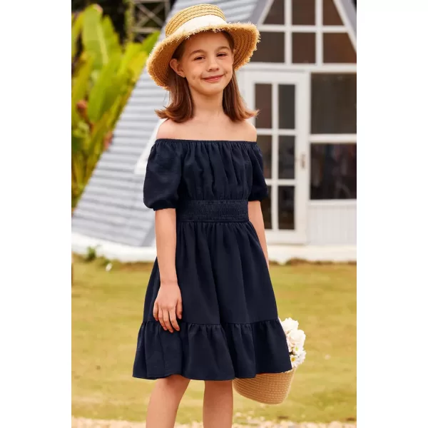 Arshiner Girls Tie Back Short Sleeve Ruffle Hem Off Shoulder Casual Elegant Dresses 4-12 Years