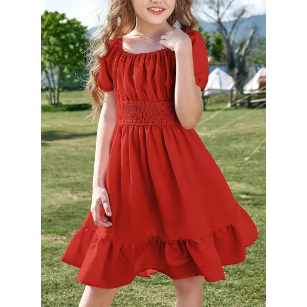 Arshiner Girls Tie Back Short Sleeve Ruffle Hem Off Shoulder Casual Elegant Dresses 4-12 Years