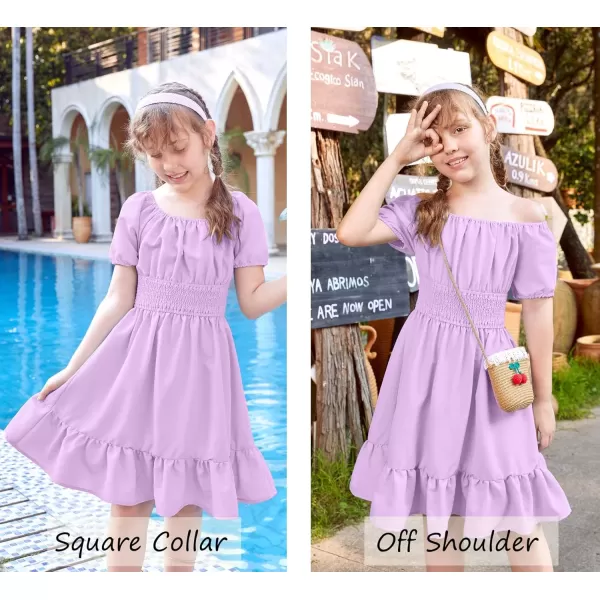 Arshiner Girls Tie Back Short Sleeve Ruffle Hem Off Shoulder Casual Elegant Dresses 4-12 Years