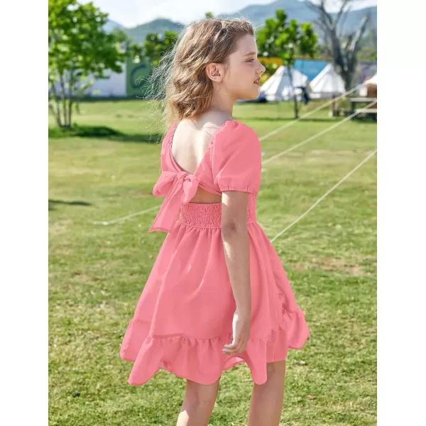 Arshiner Girls Tie Back Short Sleeve Ruffle Hem Off Shoulder Casual Elegant Dresses 4-12 Years