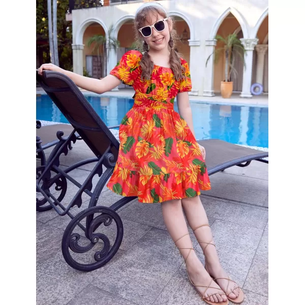 Arshiner Girls Tie Back Short Sleeve Ruffle Hem Off Shoulder Casual Elegant Dresses 4-12 Years