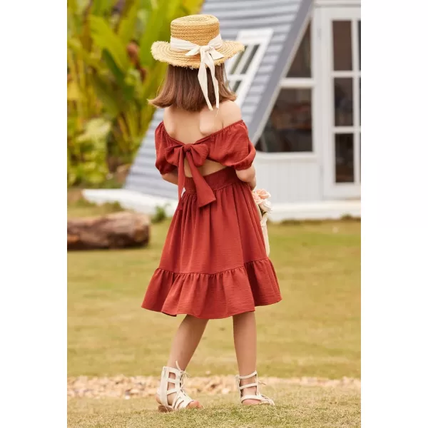 Arshiner Girls Tie Back Short Sleeve Ruffle Hem Off Shoulder Casual Elegant Dresses 4-12 Years