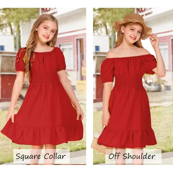 Arshiner Girls Tie Back Short Sleeve Ruffle Hem Off Shoulder Casual Elegant Dresses 4-12 Years