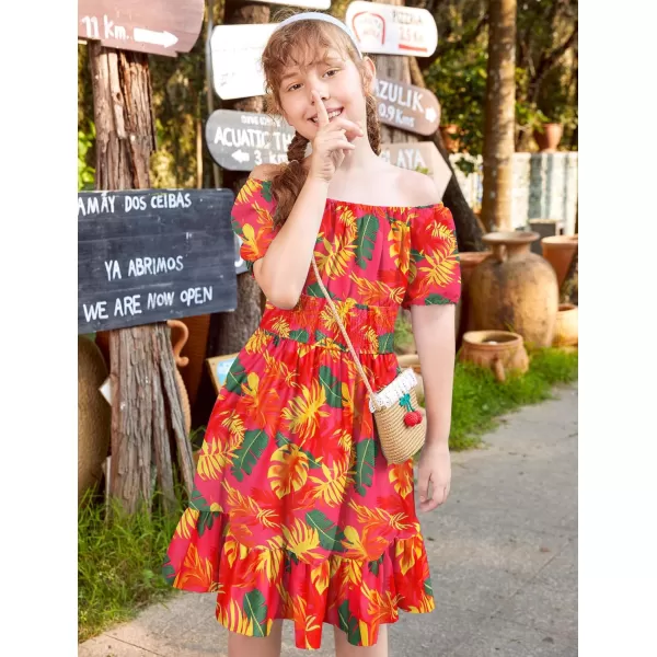 Arshiner Girls Tie Back Short Sleeve Ruffle Hem Off Shoulder Casual Elegant Dresses 4-12 Years