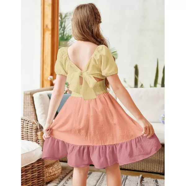 Arshiner Girls Tie Back Short Sleeve Ruffle Hem Off Shoulder Casual Elegant Dresses 4-12 Years