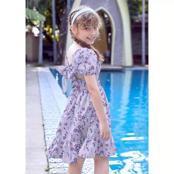 Arshiner Girls Tie Back Short Sleeve Ruffle Hem Off Shoulder Casual Elegant Dresses 4-12 Years