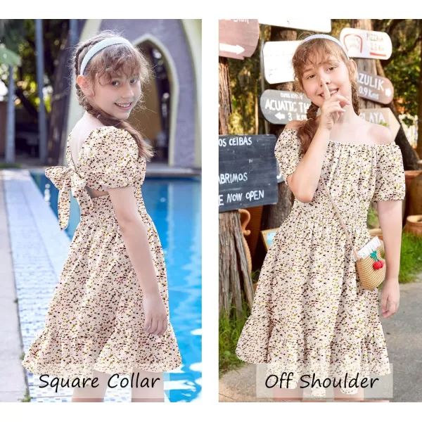 Arshiner Girls Tie Back Short Sleeve Ruffle Hem Off Shoulder Casual Elegant Dresses 4-12 Years