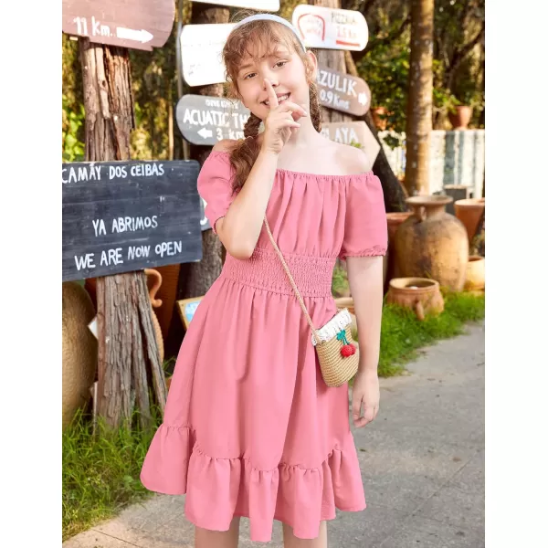 Arshiner Girls Tie Back Short Sleeve Ruffle Hem Off Shoulder Casual Elegant Dresses 4-12 Years